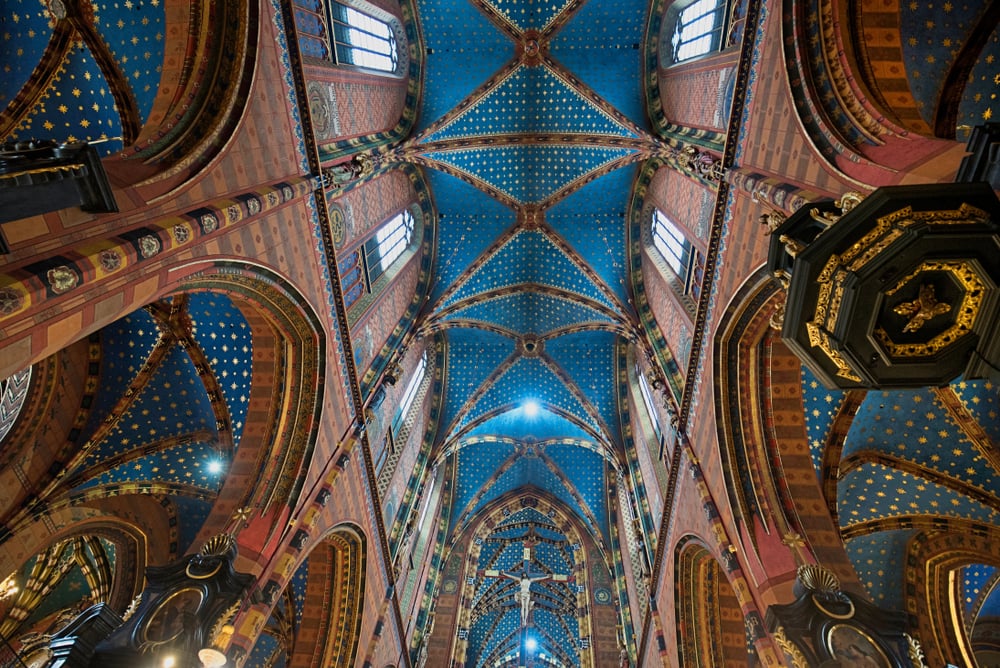 Inside of Saint Mary’s Basilica of Krakow, Poland