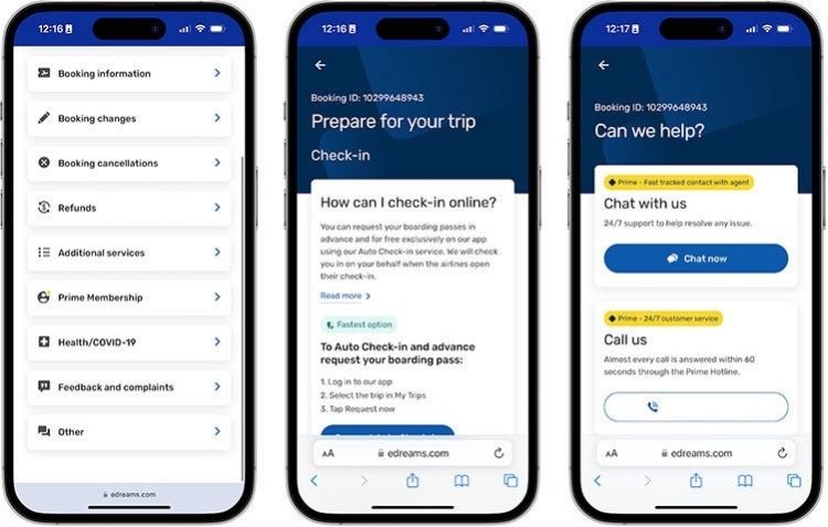 How to access the Support Area in the App eDreams