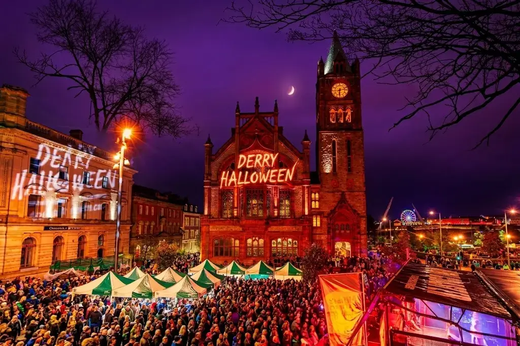Derry Halloween festival celebrations with festive decorations and crowds