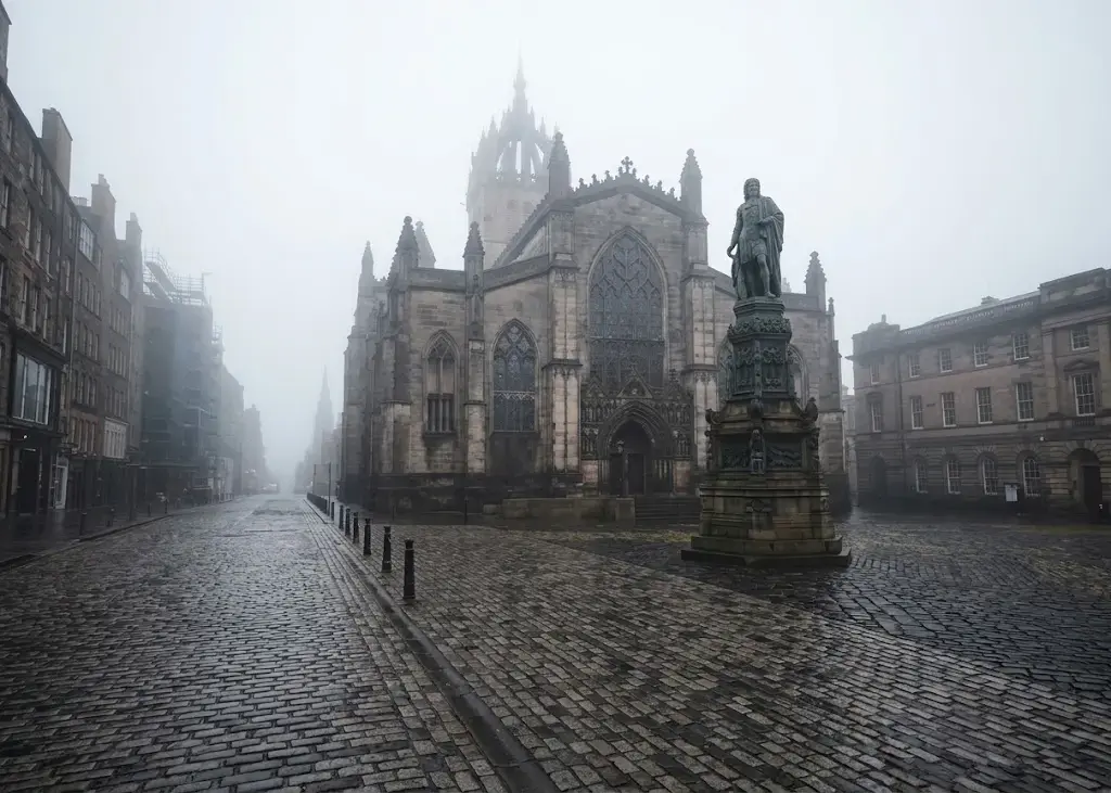 St Giles Cathedral in Edinburgh with its distinctive crown steeple on a misty morning
