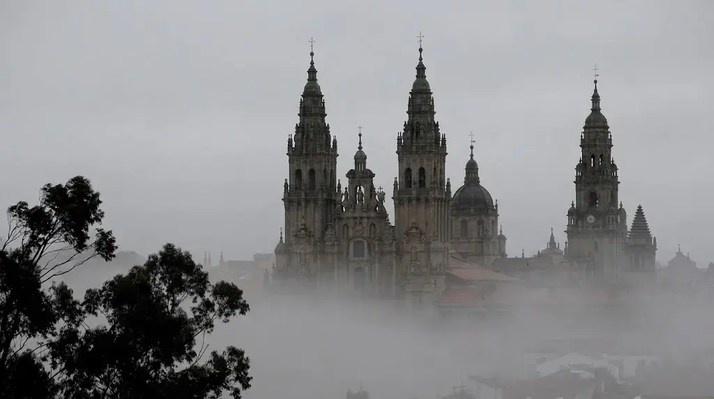 Santiago de Compostela Cathedral in Galicia shrouded in morning mist