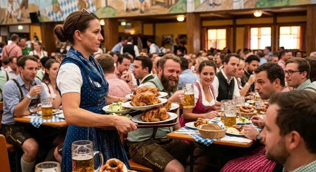 Oktoberfest waitress in traditional dress serving roasted chicken to guests