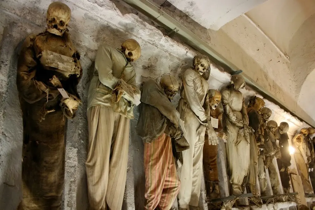 Skeletal remains displayed in the Capuchin Catacombs of Palermo