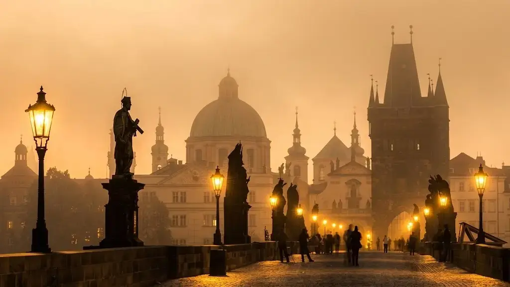 Charles Bridge in Prague lit up as dusk approaches with statues along the span