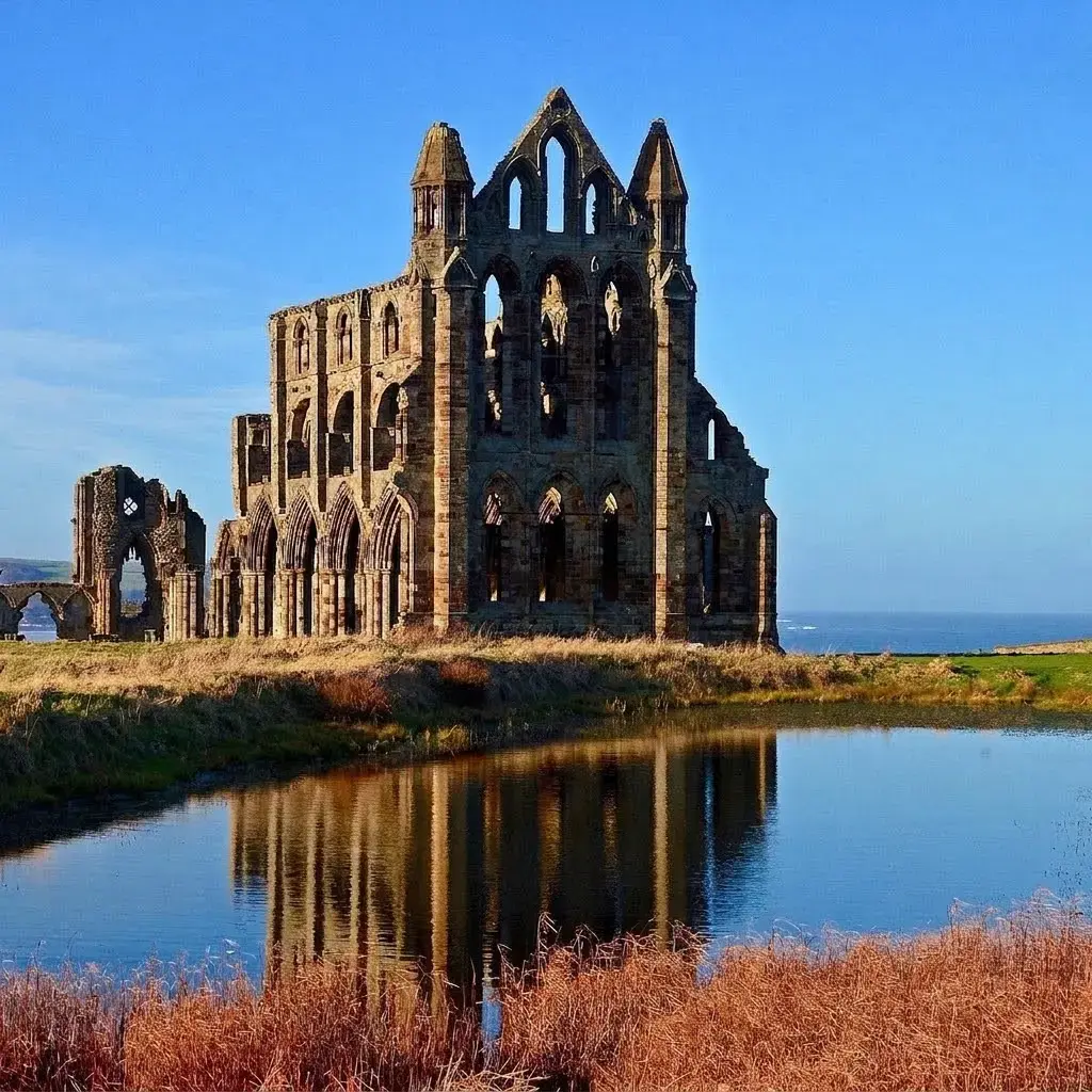 Whitby Abbey ruins overlooking the North Sea coast in Yorkshire