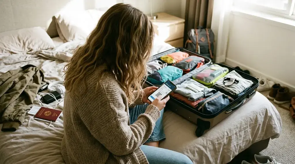 Traveller checking in using a smartphone